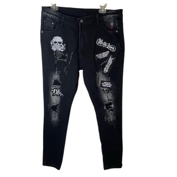 Philipp Plein Amiri Jeans Men’s Patch Distressed faded black and grey Jean SZ 38 - Picture 1 of 17